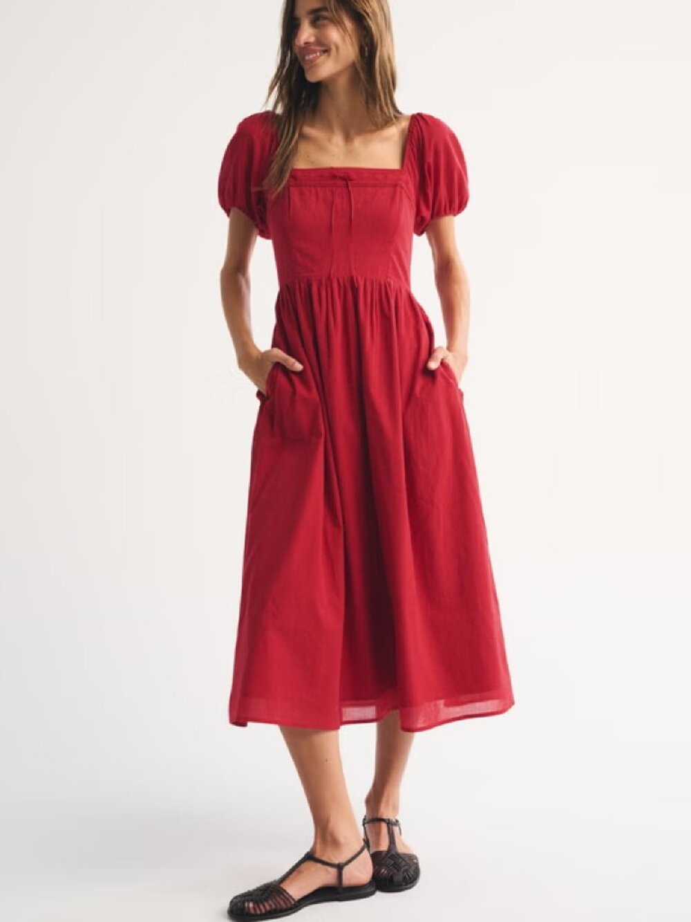 A&F Emerson Puff Sleeve Midi Dress Red